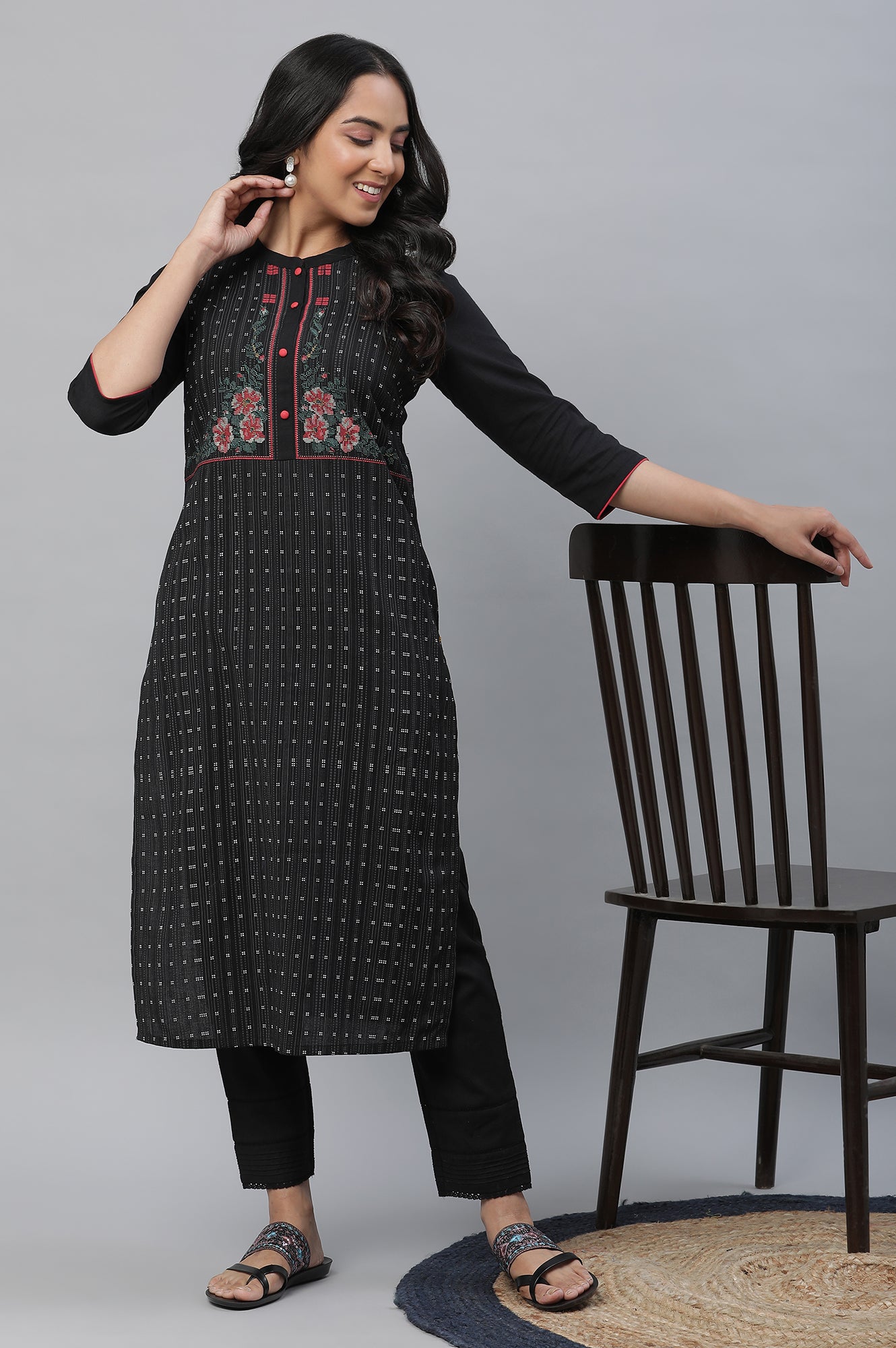 Black Printed Cotton Blend Straight Kurta and Trouser Set