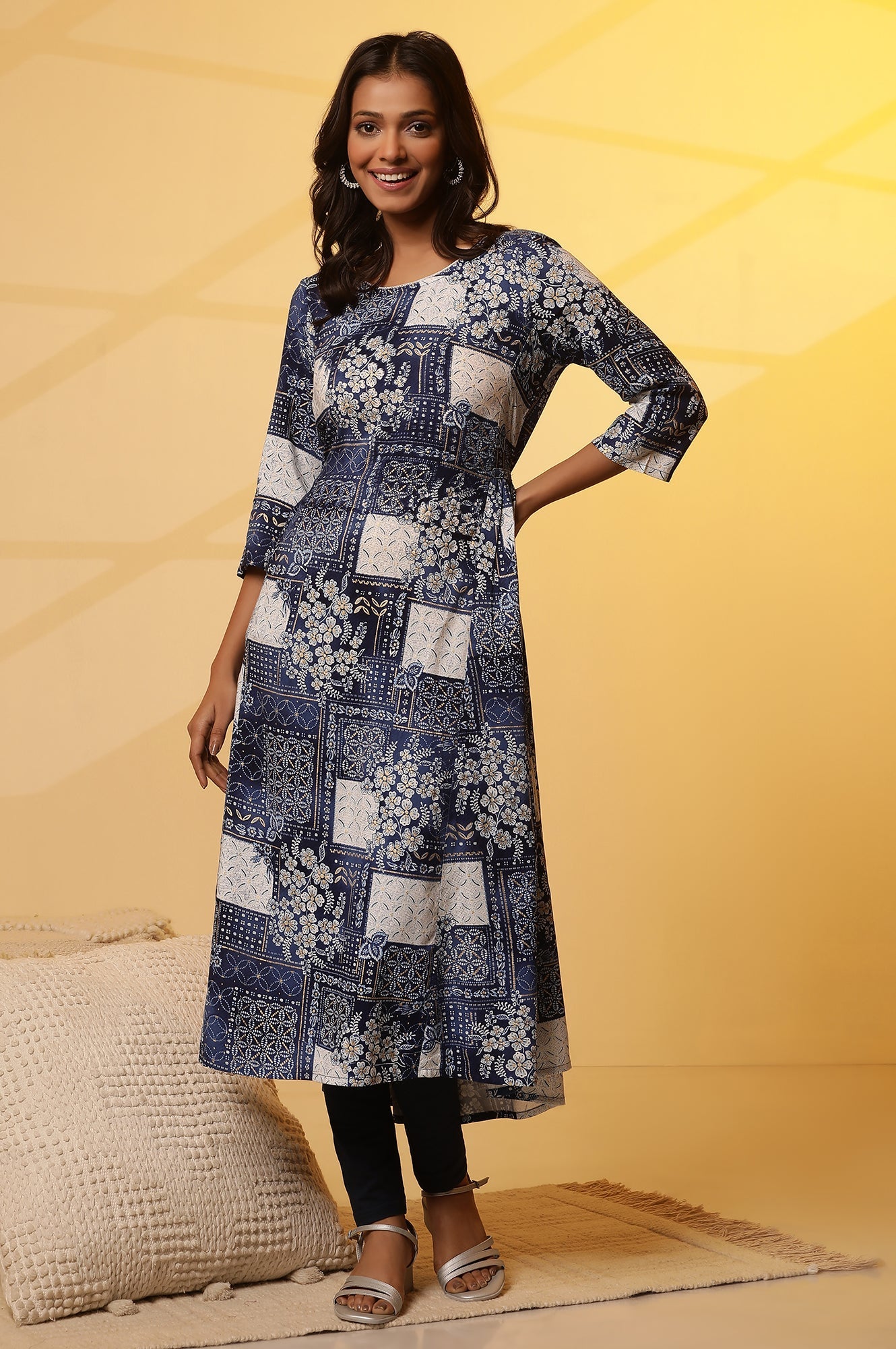 Blue Floral Printed Patch Work Flared Kurta and Leggings Set