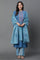 Blue Embroidered Seer Sucker Straight Kurta, Palazzo and Dupatta Set