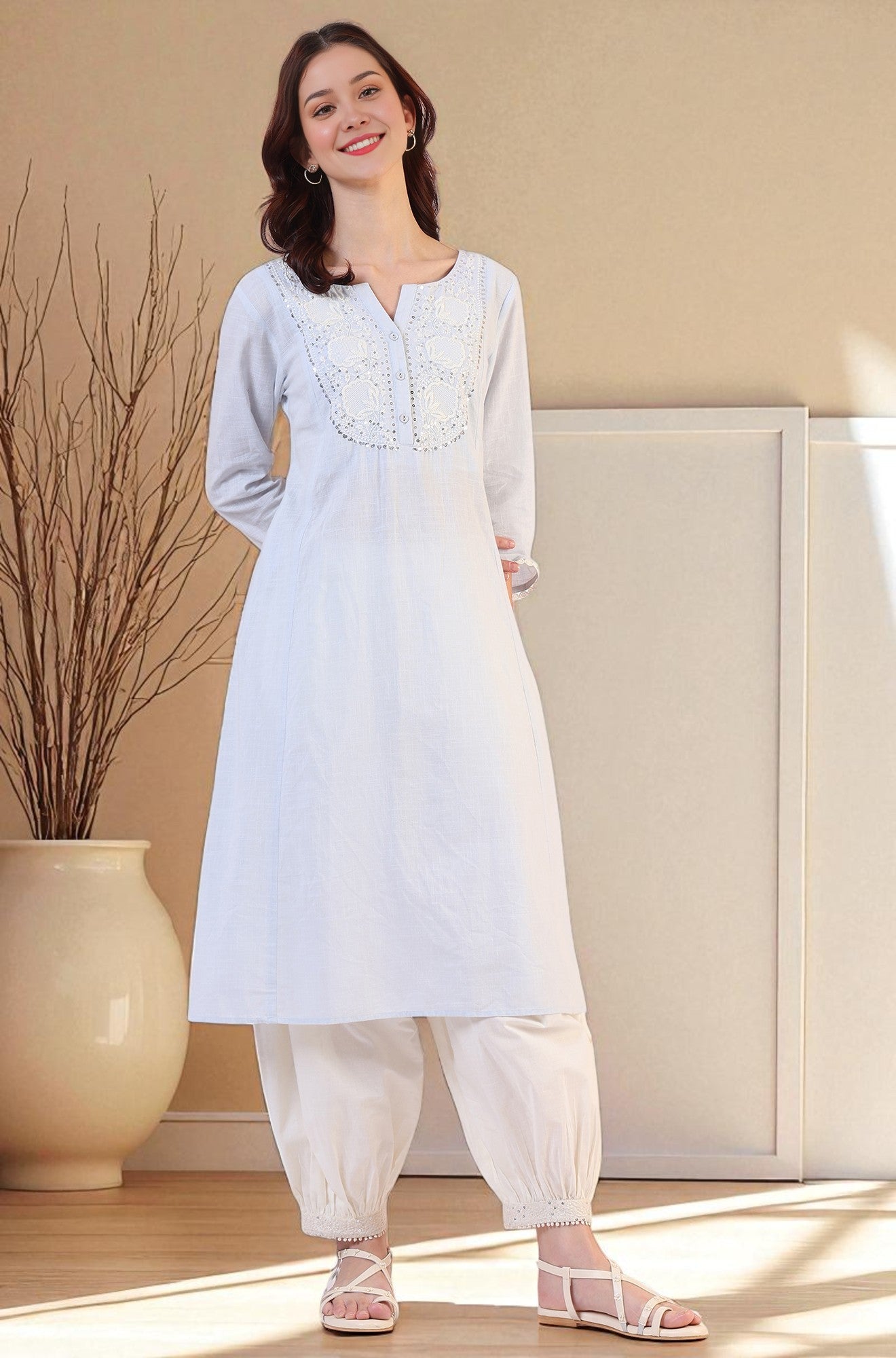 Blue Solid A-Line Pure Cotton Kurta