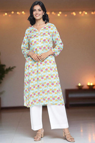 Aqua Green Printed Modal Straight Kurta