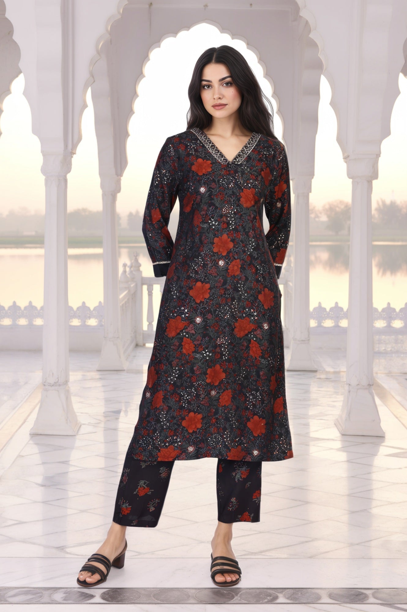 Black Floral Embroidered Straight Crape Kurta