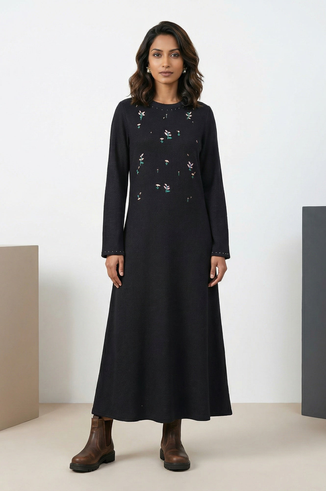 Black Yarn Dyed Embroidered Rayon Blend A-line Winter Dress