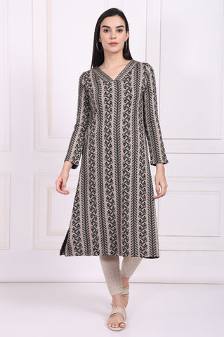 Beige Geometric A-Line Acrylic Winter Kurta