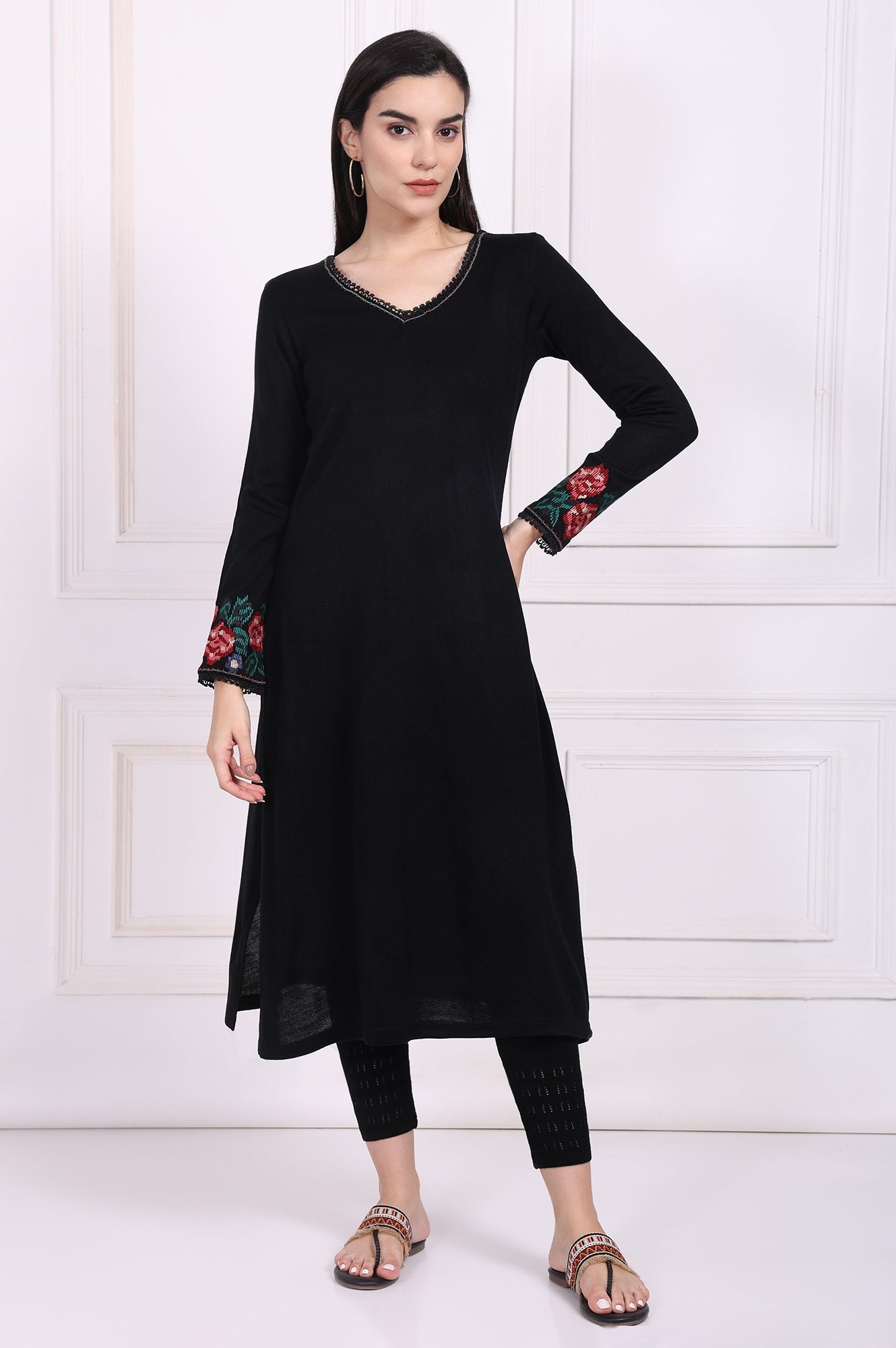 Black Embroidered A-Line Acrylic Winter Kurta