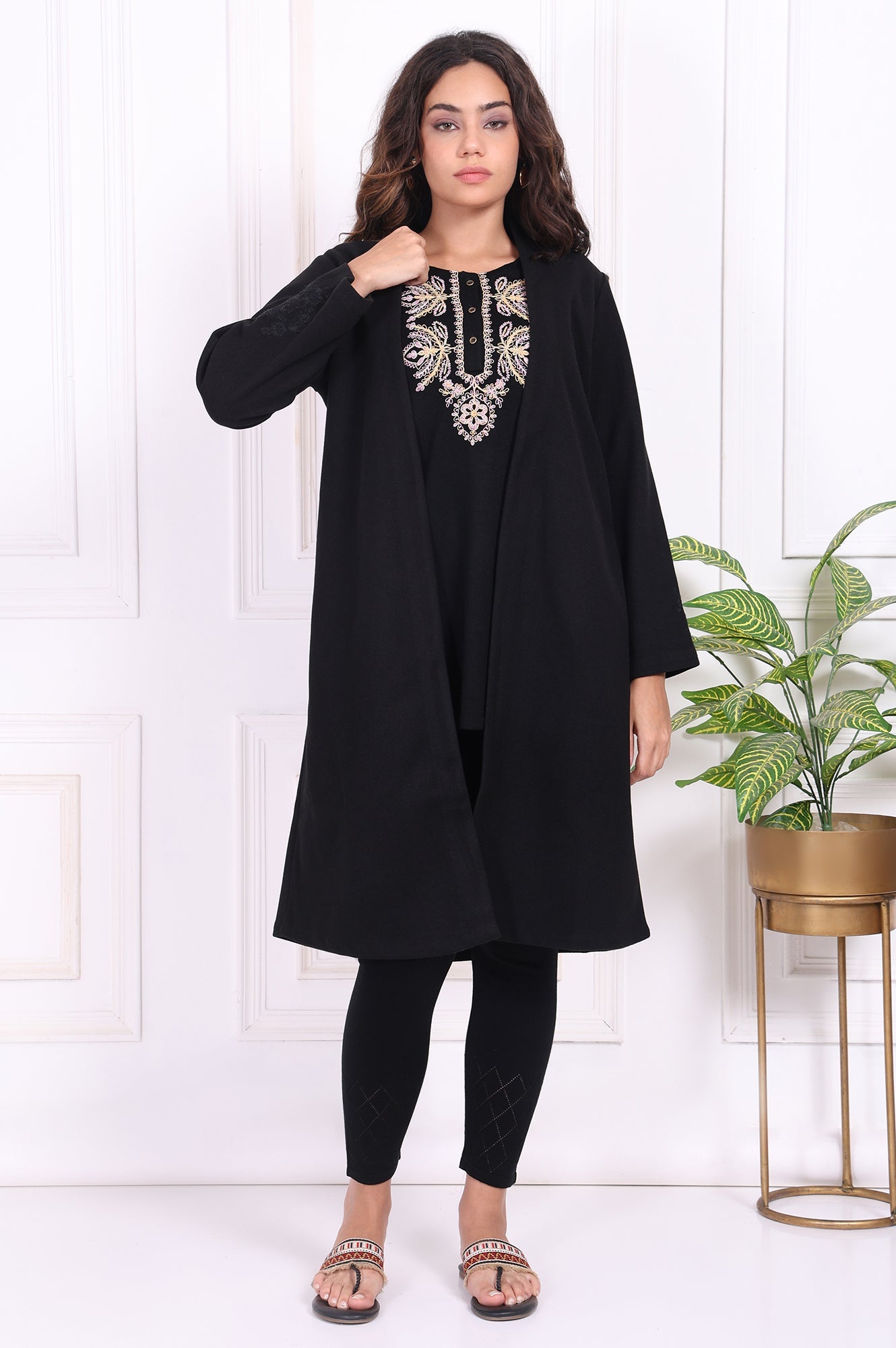 Black Embroidered Straight Woven Coat