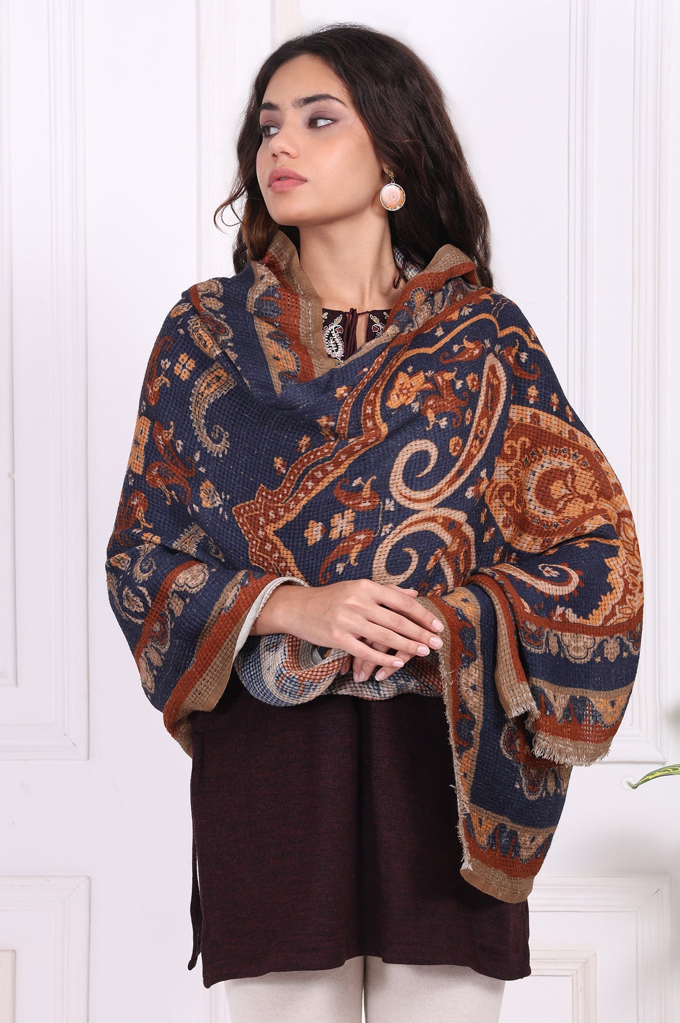 Beige Paisley Printed Wool Shawl