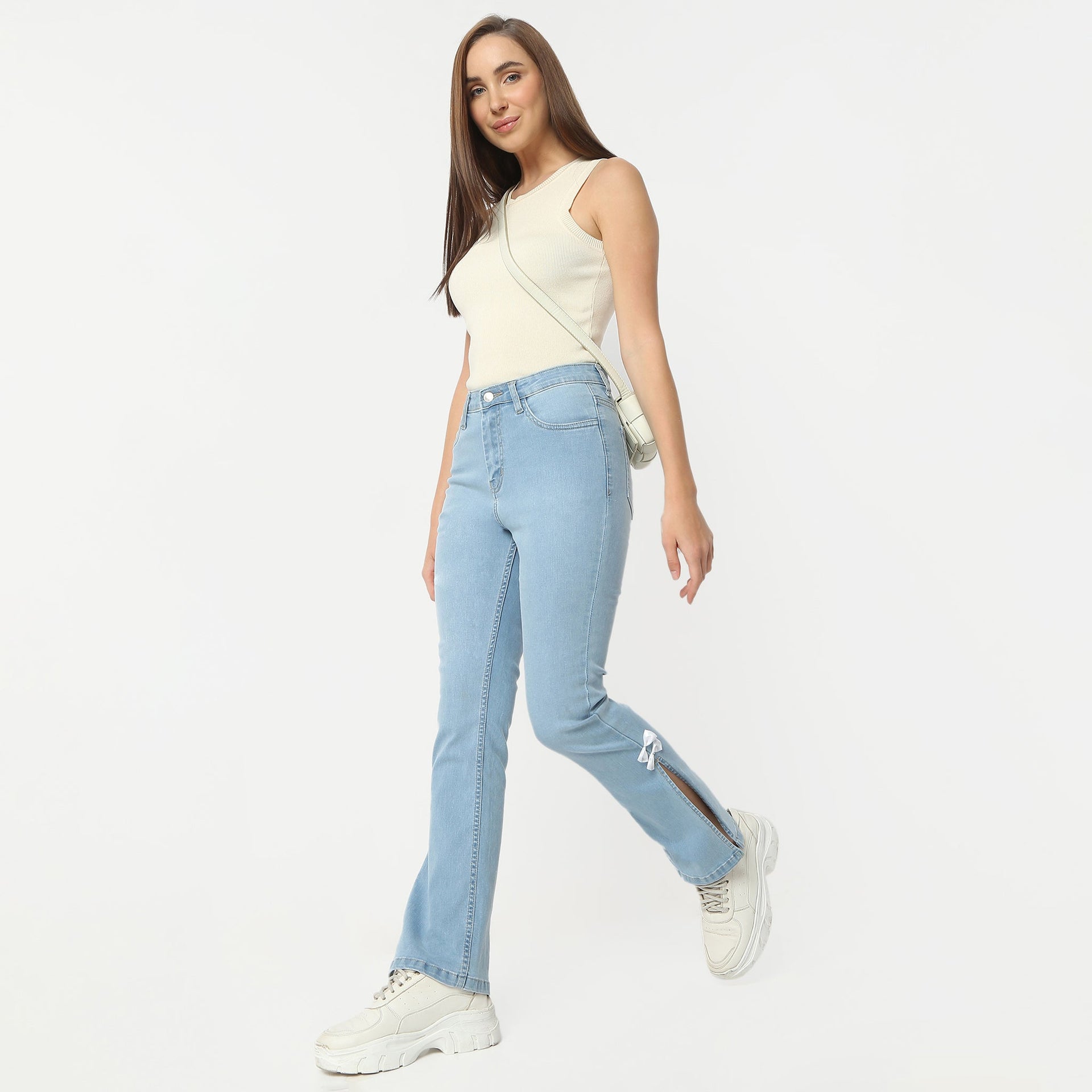 Boot Cut Full Length High Rise Bow-Adorned Blue Jeans With Side Slit