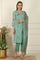 Blue Ari Embroidered Panelled Kurta, Straight Pants and Dupatta Set