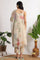 Light Beige Floral Printed Swiss Dot Net Spaghetti Flared Kurta, Pants and Dupatta Set