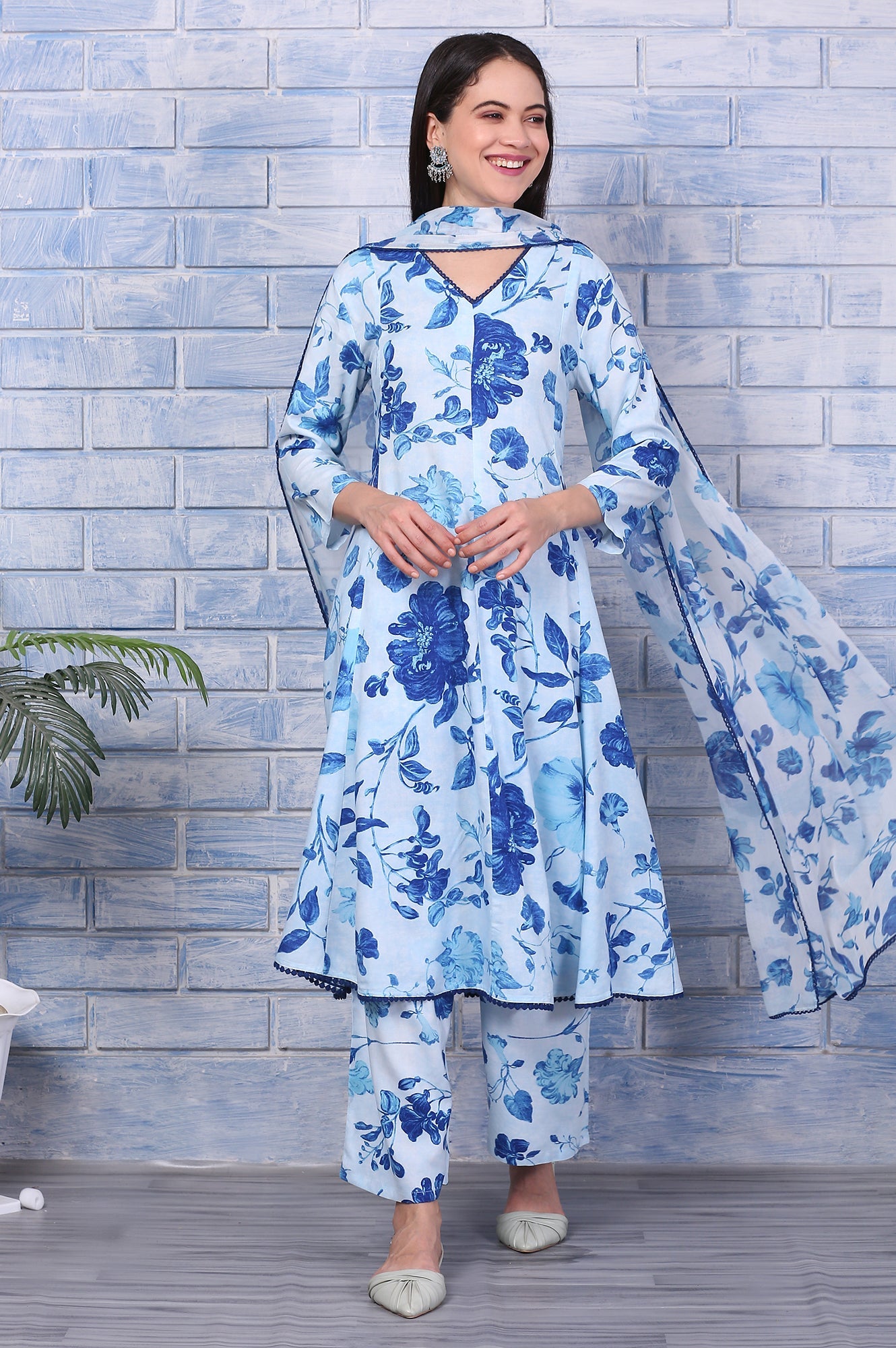 Blue Floral Printed Rayon Lace Flared Kurta, Pants and Dupatta Set