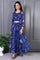 Blue Floral Printed Beads Chiffon Flared Crop Top, Jacket and Flared Pants Set