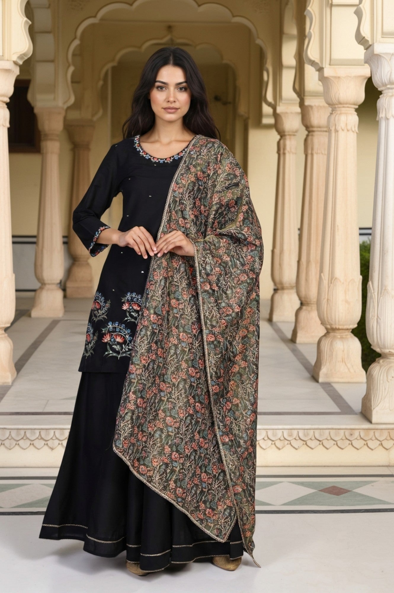 Black Floral Thread Embroidery Straight Woven Kurta with Flared Pant and Dupatta Set