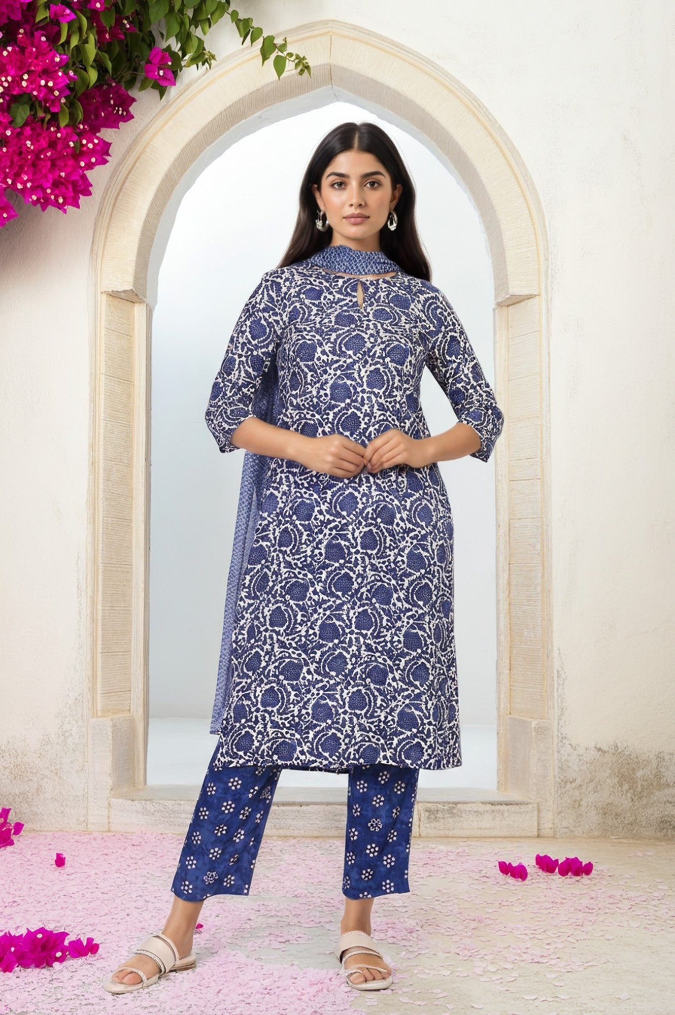 Blue Floral Printed Straight Kurta with Straight Pant and Dupatta Set