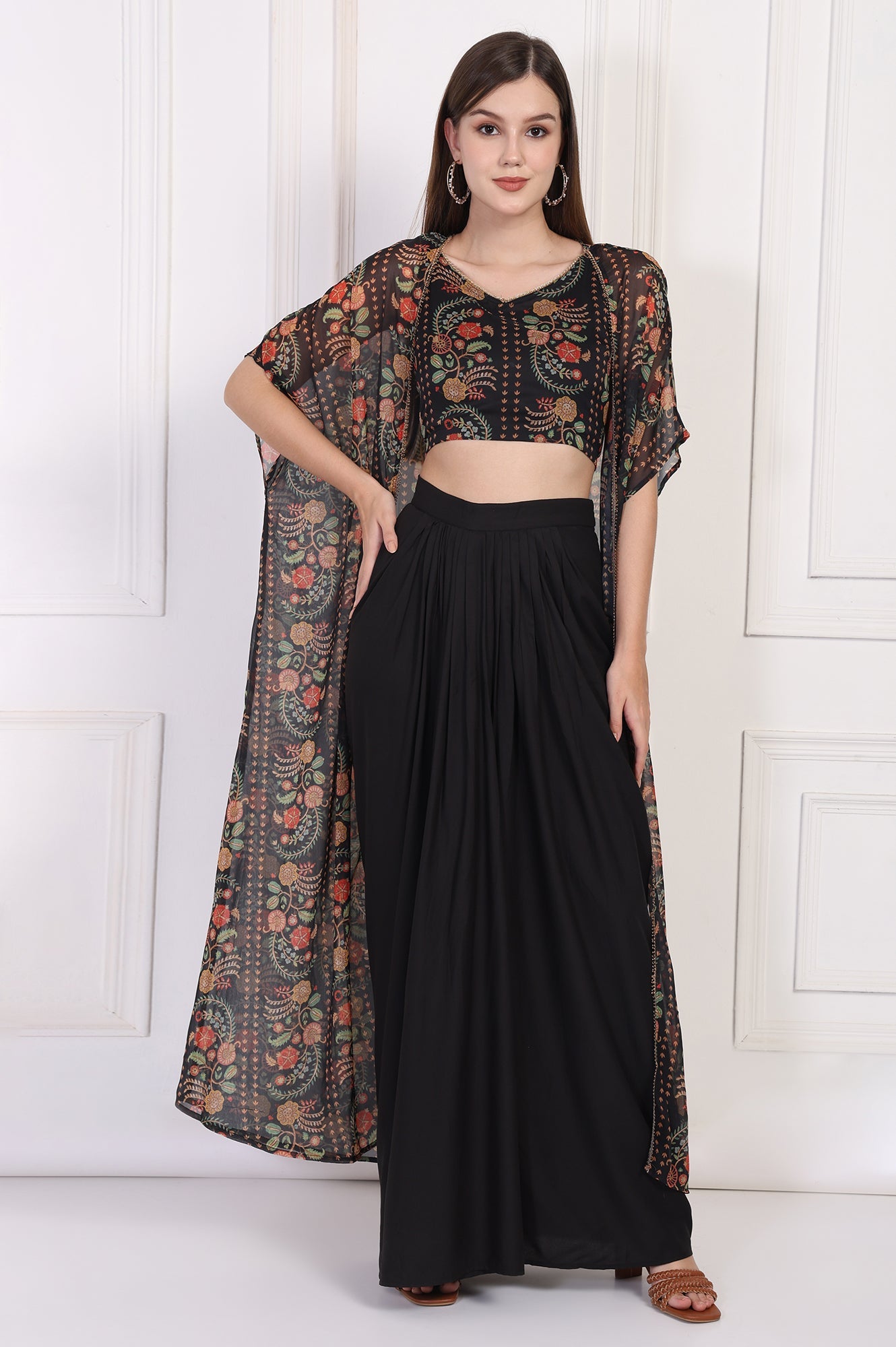 Black Floral Printed Embellished Georgette Crop Top with Cape and Skirt Set