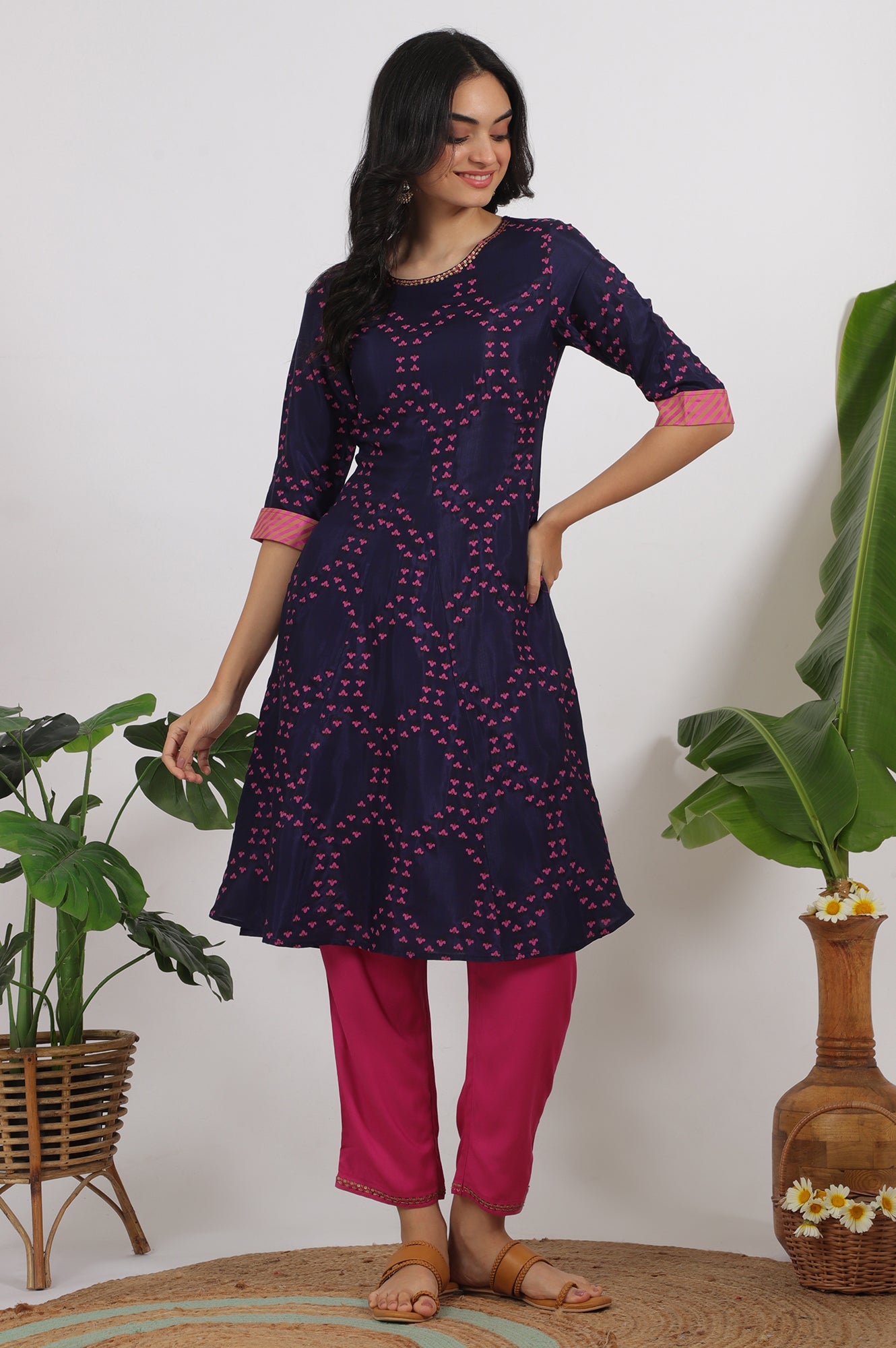 Blue Floral Printed Straight Shantung Kurta and Pants Set