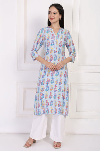 Blue Paisley Printed Straight Rayon Kurta