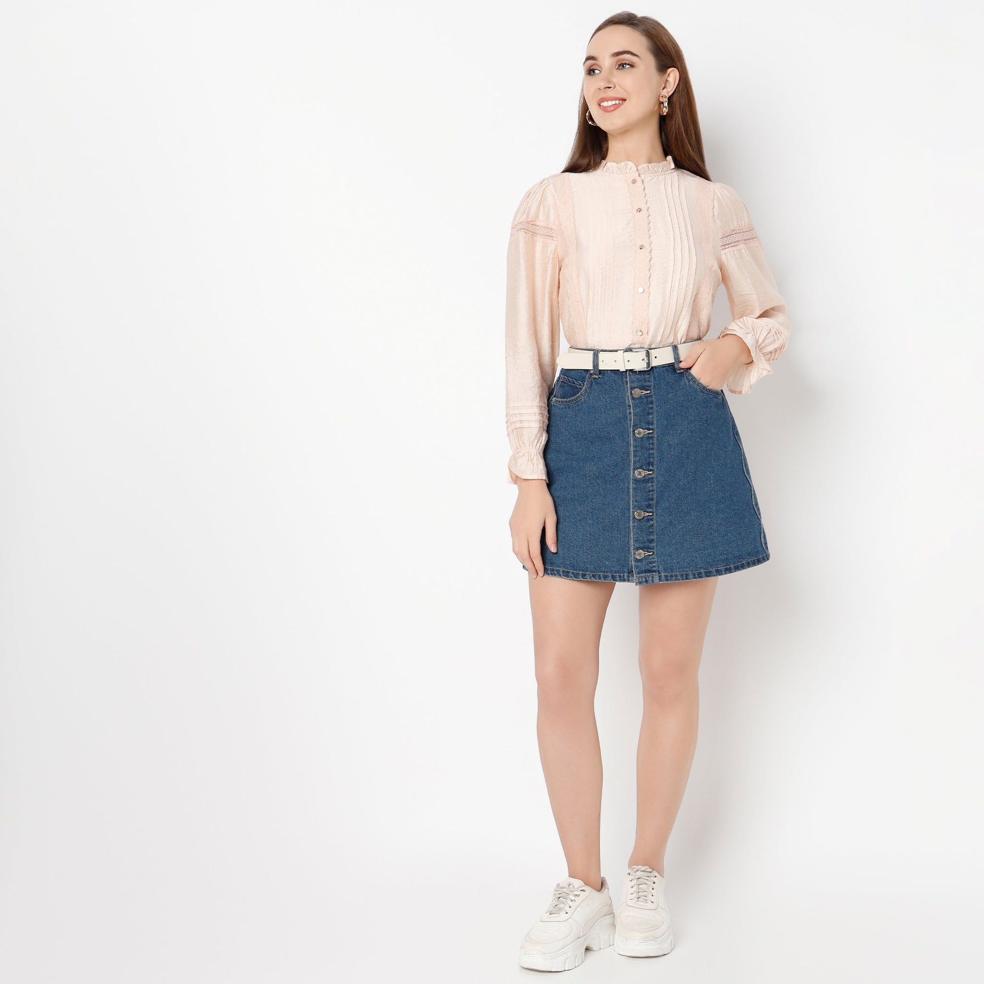 Band Neck Full Sleeve Lace Bishop Top