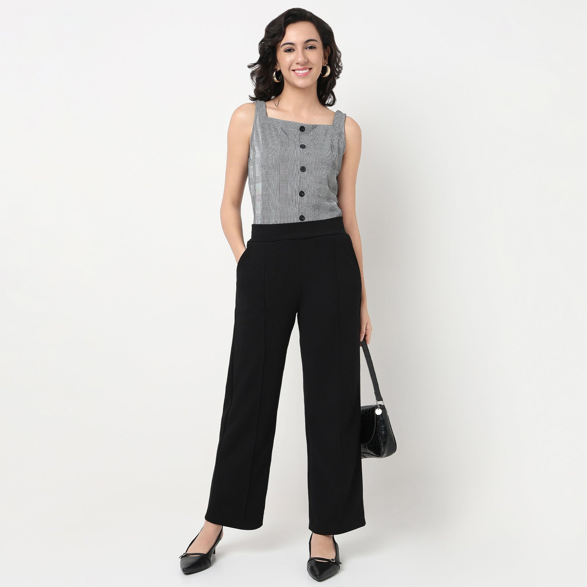 Checkered Square Neck Slim Fit Tops