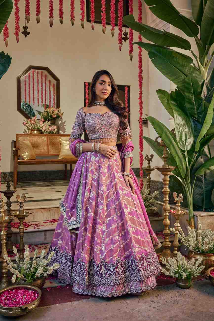 Lavender Banaras Silk hand Embroidery Lehenga