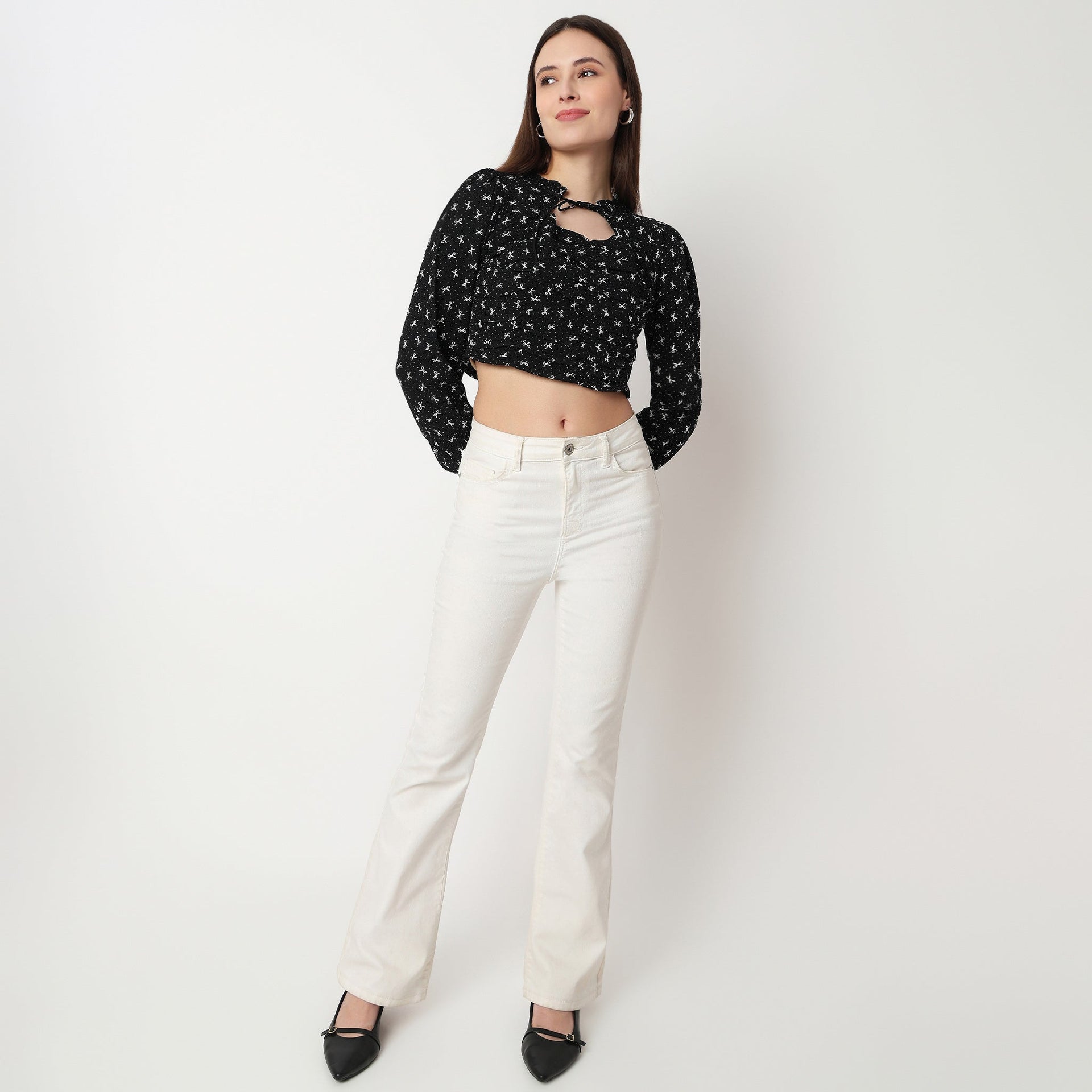 Bow Print Tie-Up Neck Crop Top