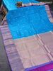 Pure kanjivaram silk saree cs blue and dual shade of pink with zari woven buttas and zari woven border