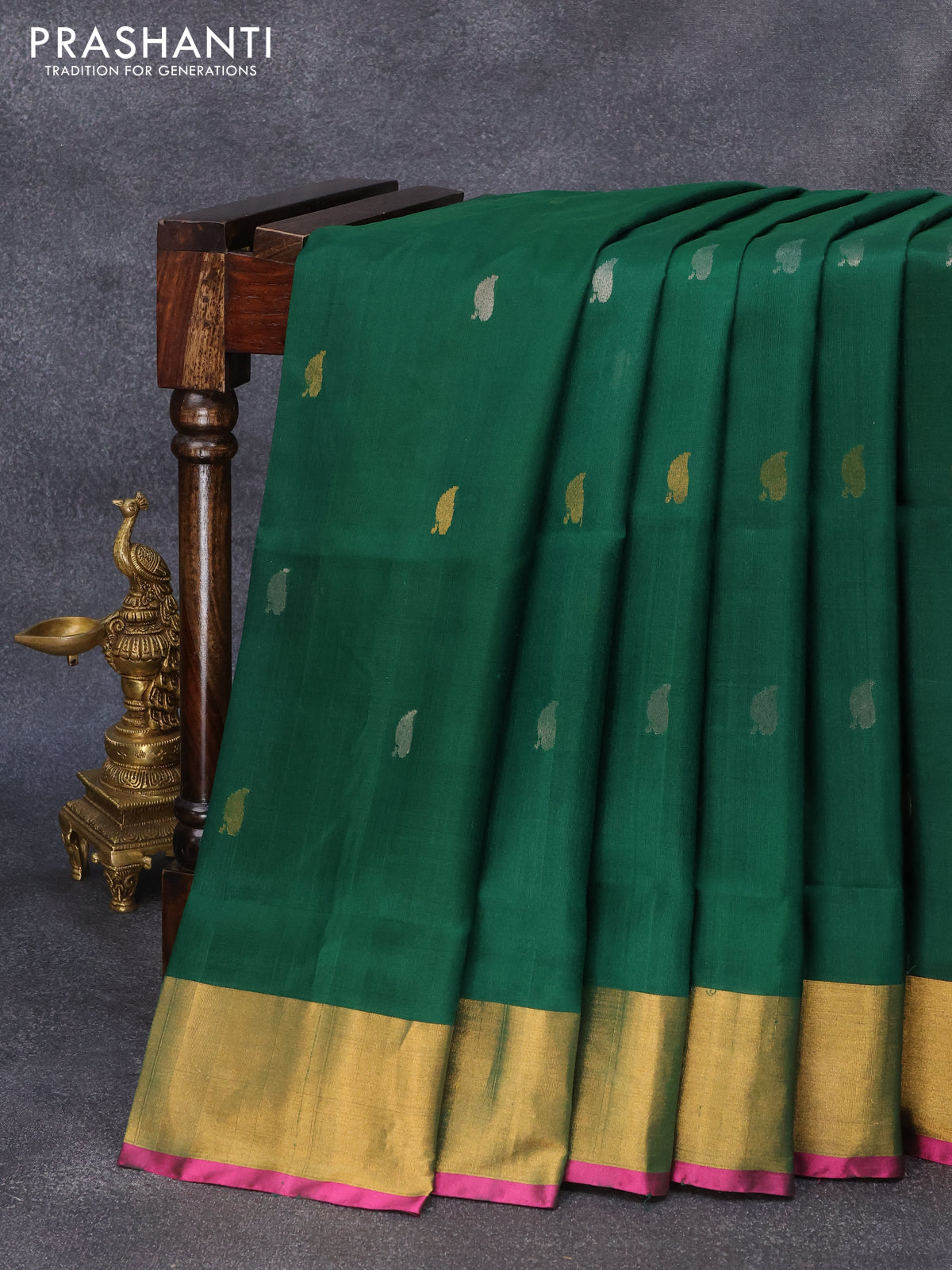 Pure uppada silk saree green and pink with silver & gold zari woven buttas and zari woven border