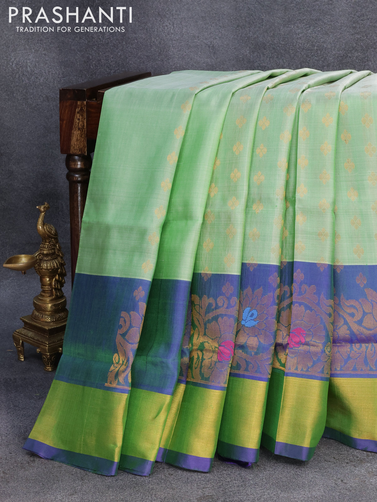 Pure uppada silk saree light green and dual shade of bluish green with allover zari woven buttas and long rich zari woven border