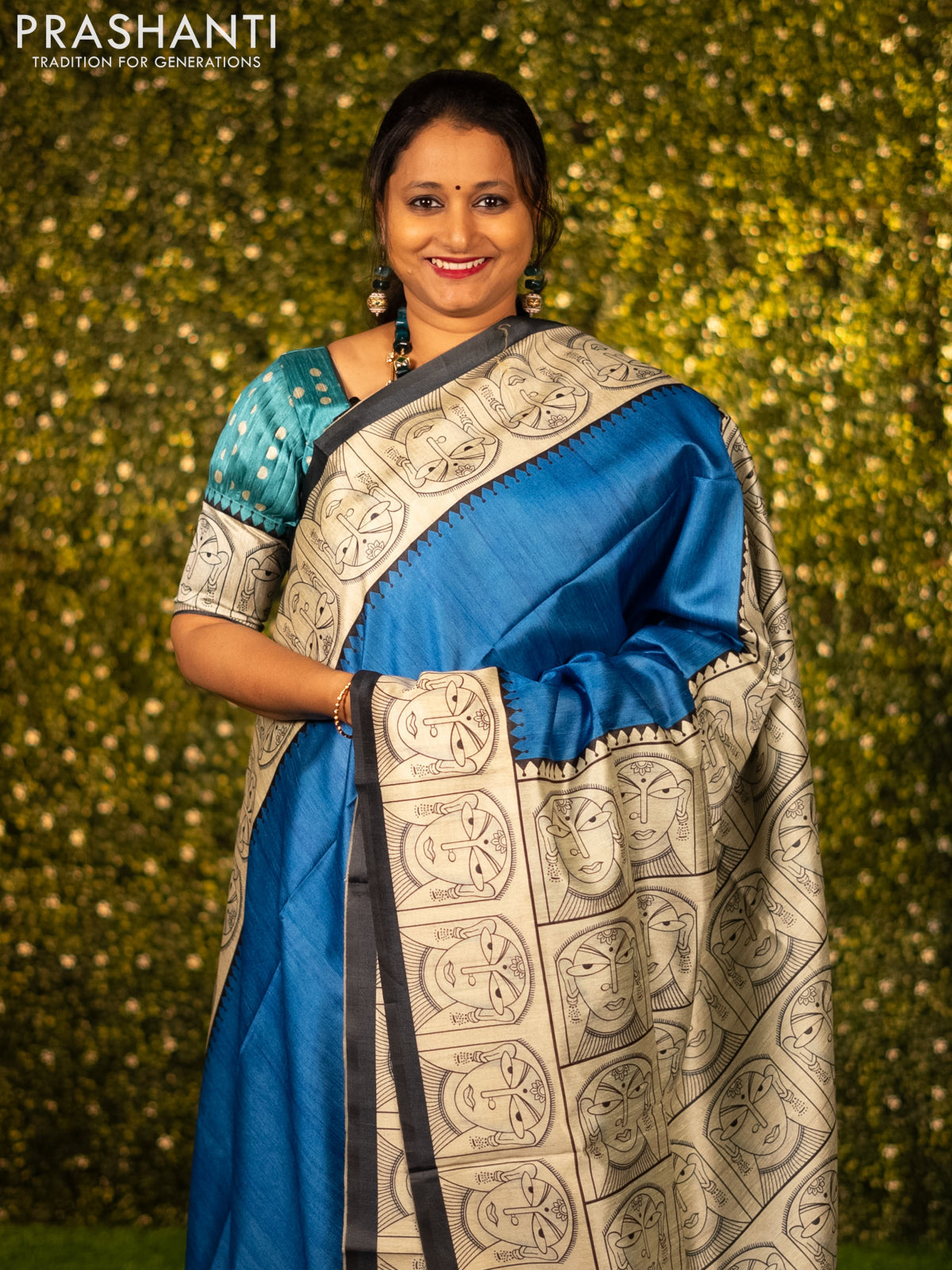 Chappa saree blue and cream with plain body and madhubani printed border