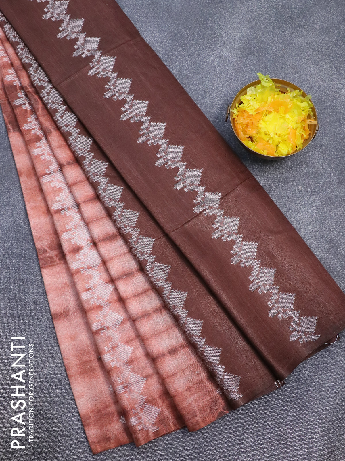 Bamboo silk saree peach shade and rust brown with allover tie & dye prints & thread buttas in borderless style