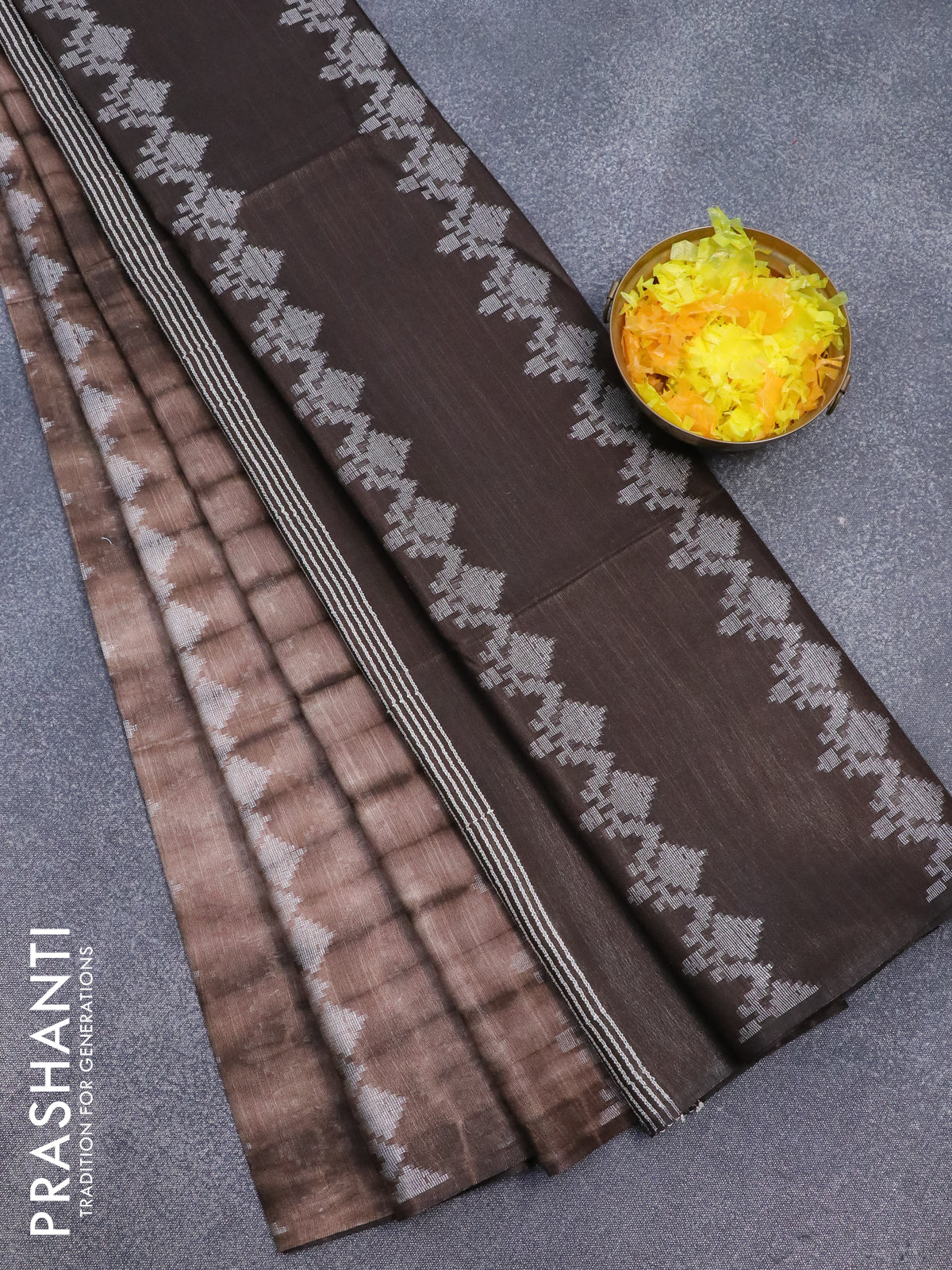 Bamboo silk saree brown shade and dark coffee brown with allover tie & dye prints & thread buttas in borderless style