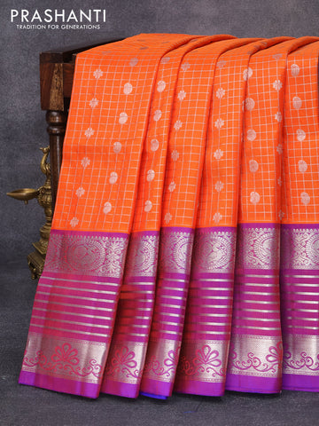 Venkatagiri silk saree orange and blue with allover silver checks & butta weaves and long rich annam silver zari woven border