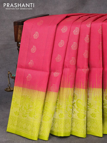 Pure soft silk saree pink and lime green with allover small zari checks & buttas and long zari woven border