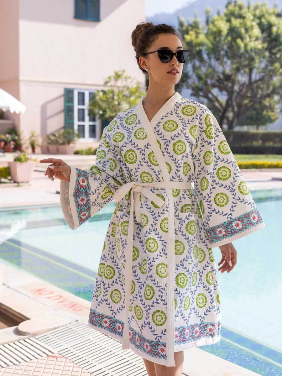 Zeniya Waffle Block Printed Cotton Bath Robe