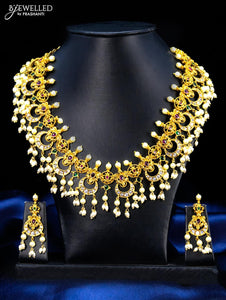 Antique guttapusalu necklace chandbali design kemp and cz stones with pearl hangings