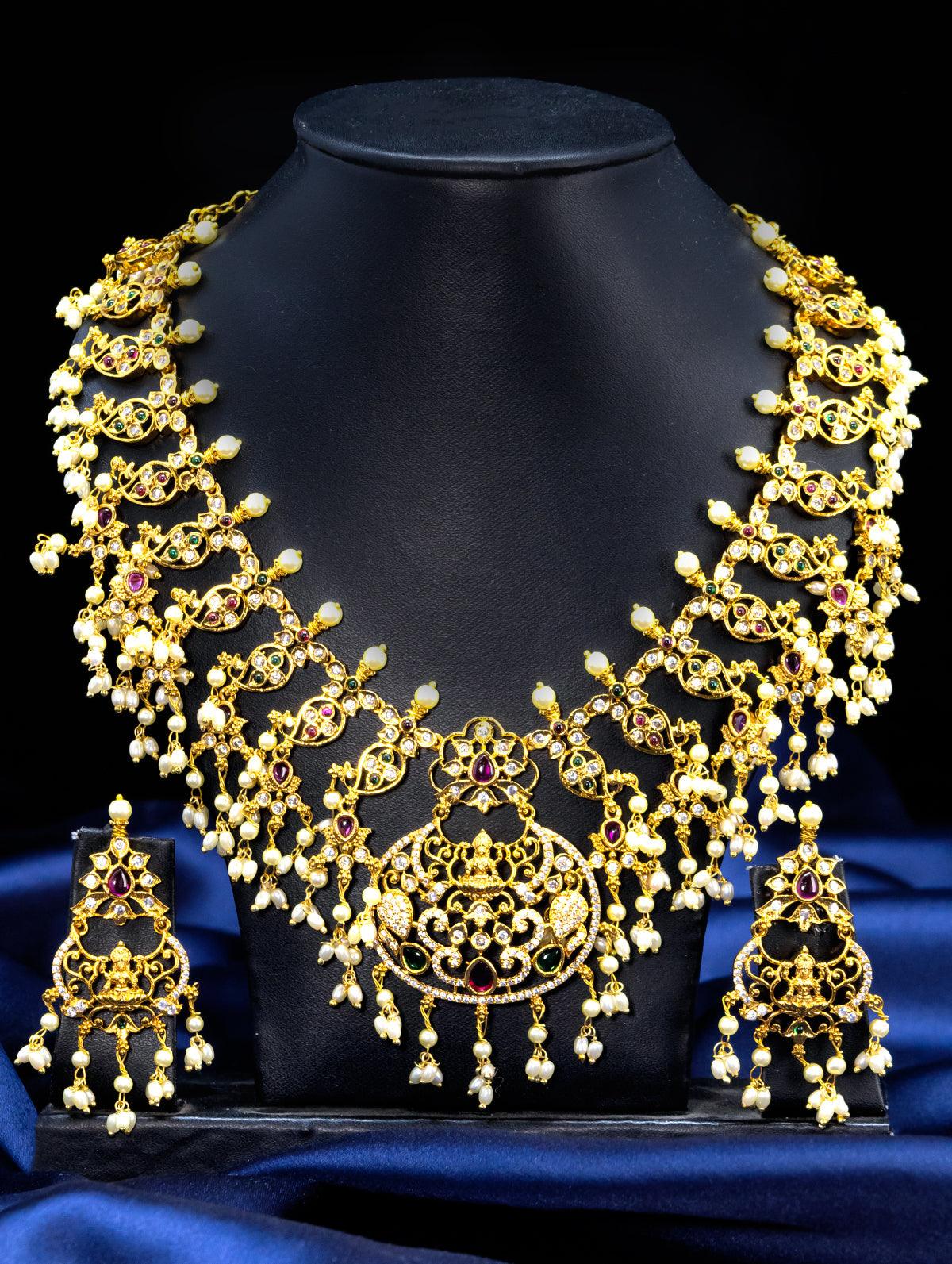 Antique guttapusalu necklace kemp stones with lakshmi pendant and pearl hangings