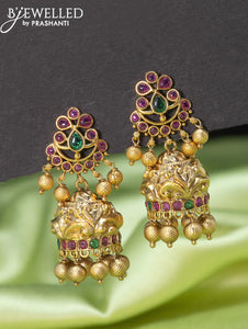 Antique jhumkas with kemp stone and golden beads hangings