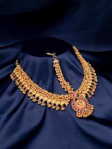 Antique lakshmi design maang tikka with pink kemp stone and golden beads hanging