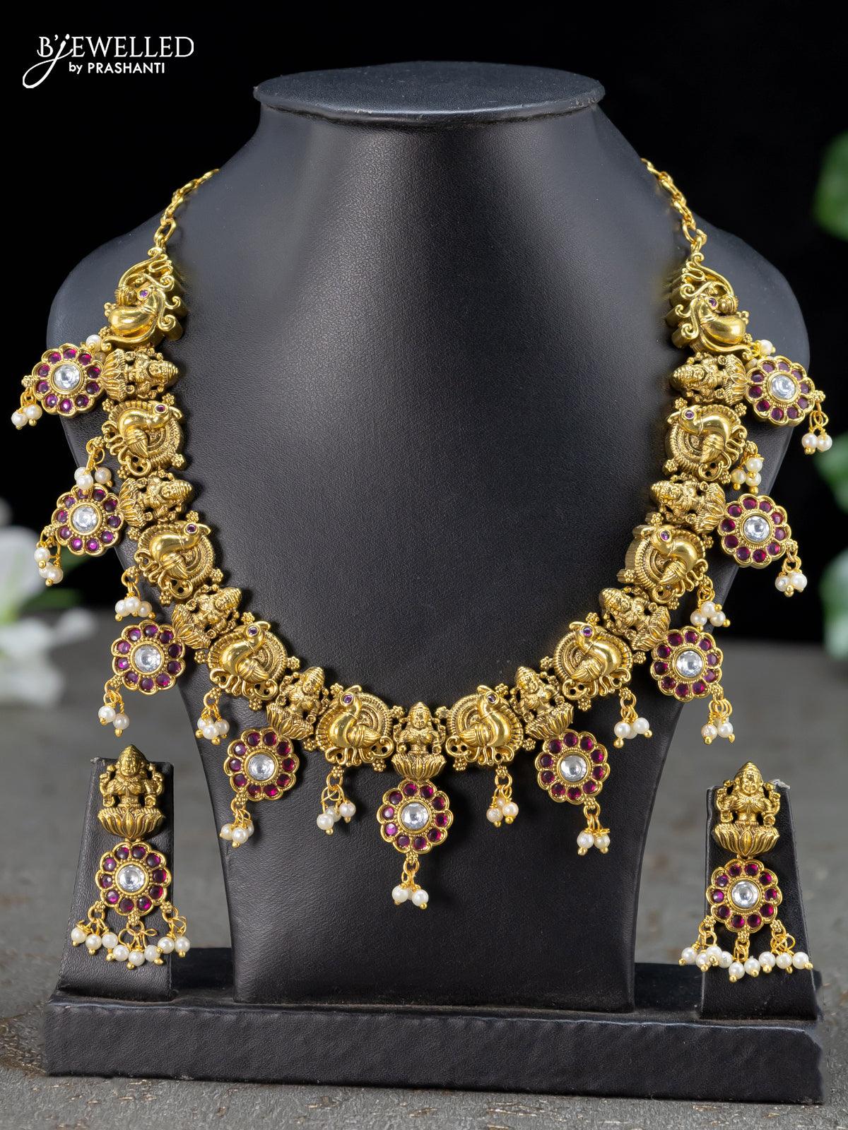 Antique necklace lakshmi design kemp and cz stone with pearl hangings