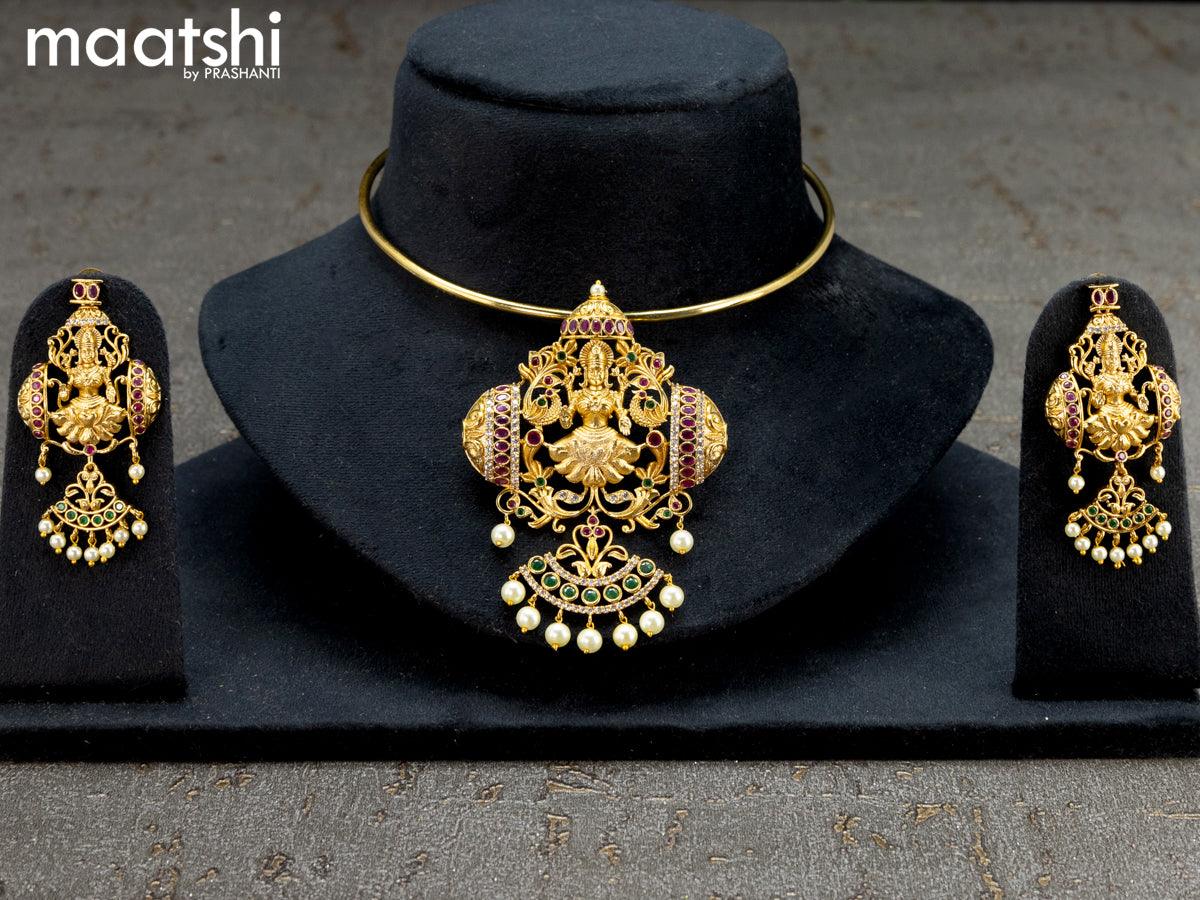 Antique ring type choker kemp and cz stones with lakshmi pendant