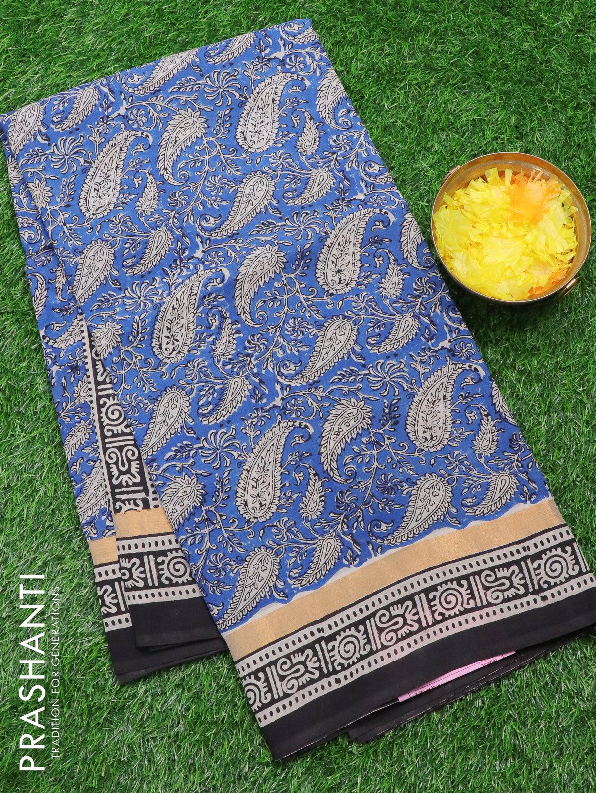 Assam silk saree blue and black with allover prints and zari woven simple border