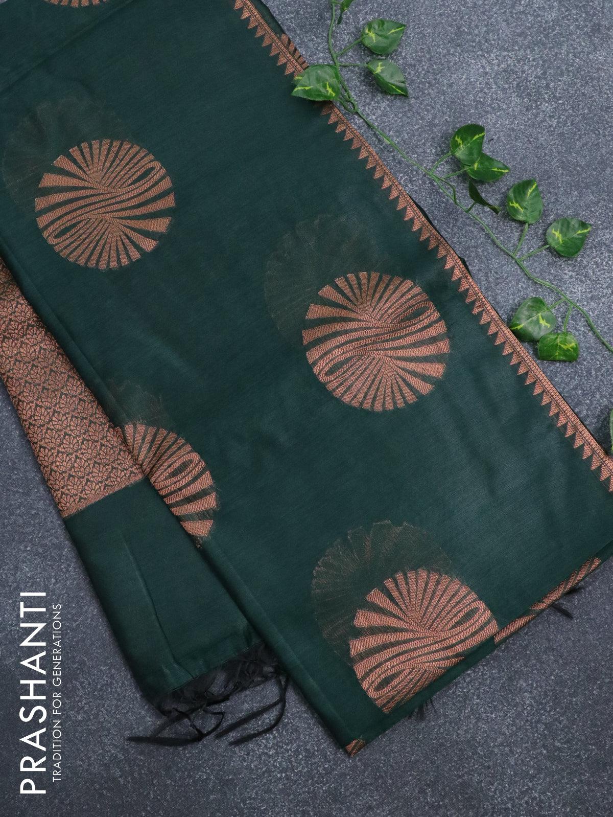 Banarasi cotton saree dark green with copper zari woven buttas and piping border