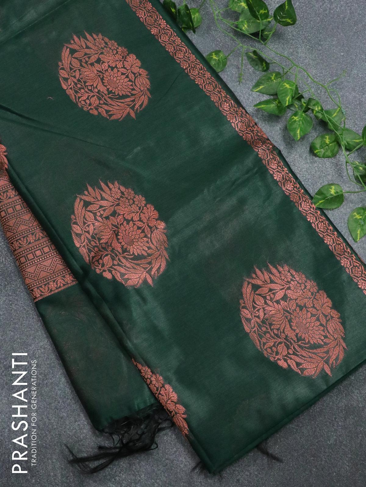 Banarasi cotton saree dark green with copper zari woven floral buttas and piping border