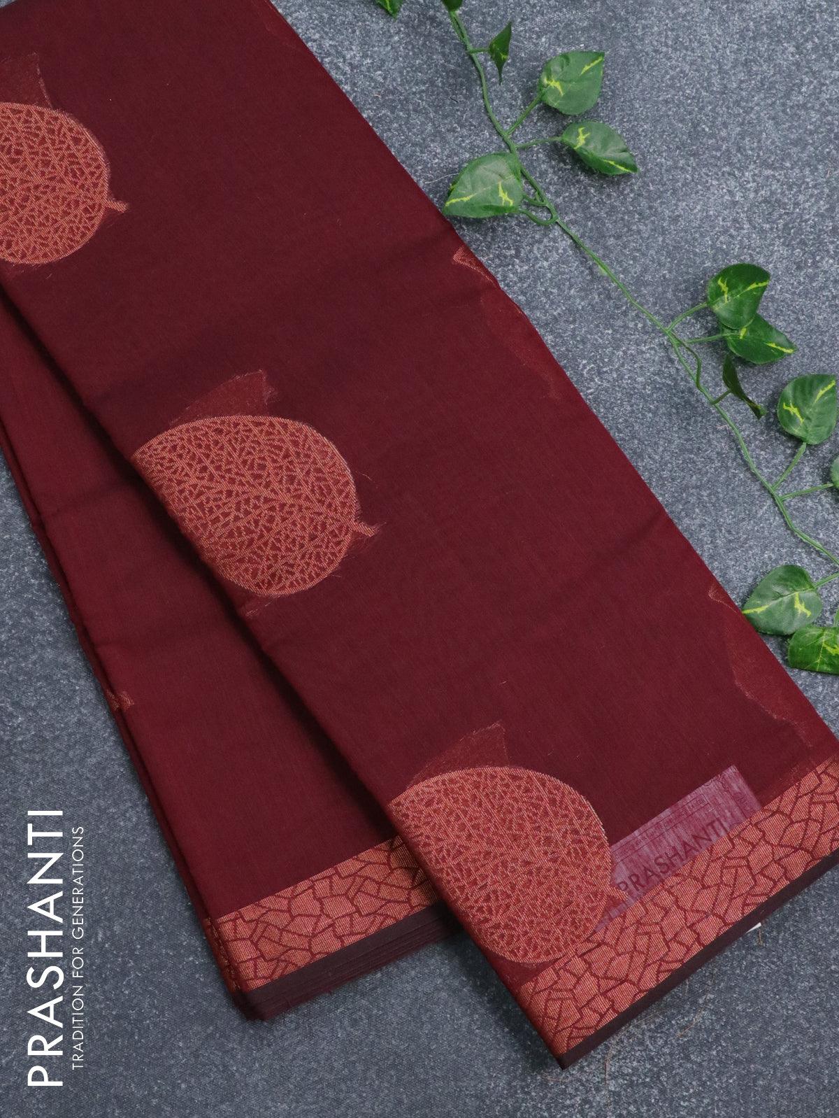 Banarasi cotton saree maroon with copper zari woven leaf buttas and copper zari woven border