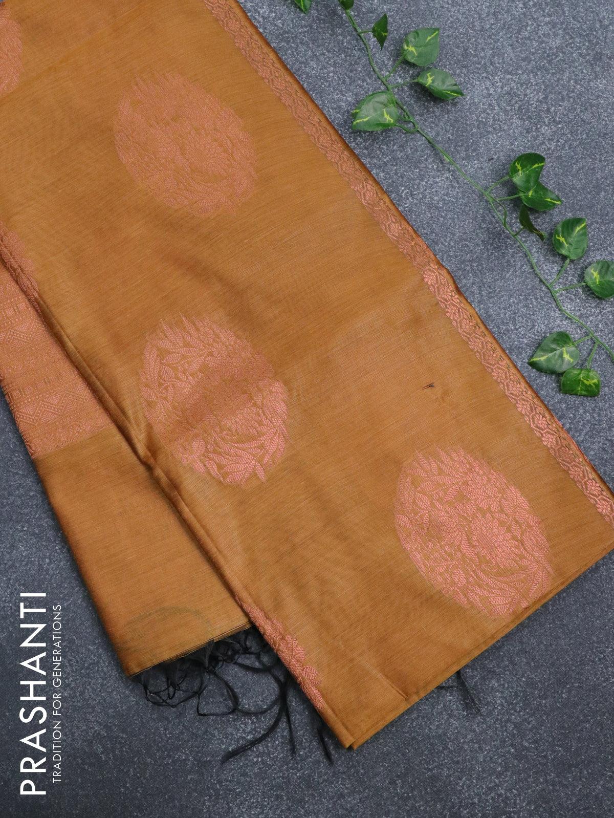 Banarasi cotton saree mustard yellow with copper zari woven floral buttas and piping border