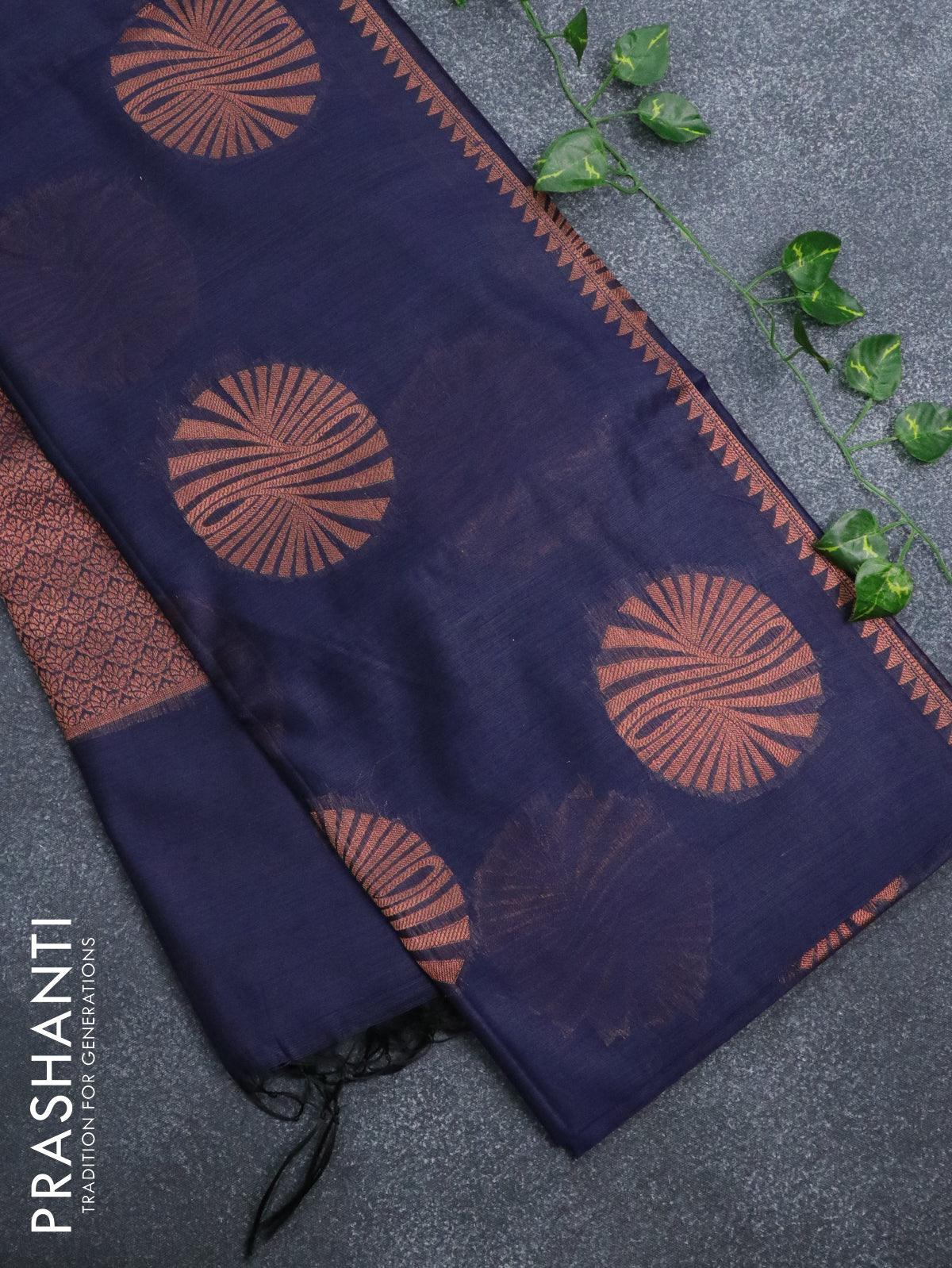 Banarasi cotton saree navy blue with copper zari woven buttas and piping border