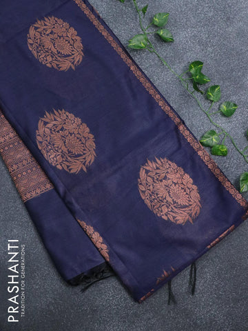 Banarasi cotton saree navy blue with copper zari woven floral buttas and piping border