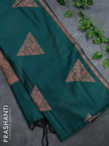 Banarasi cotton saree peacock green with copper zari woven geometric buttas and piping border