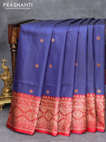 Banarasi handloom dupion saree blue and red with allover thread woven buttas and woven border