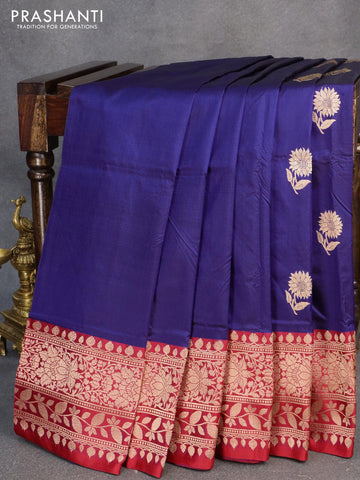 Banarasi katan silk saree blue and red with floral zari woven buttas and floral zari woven border